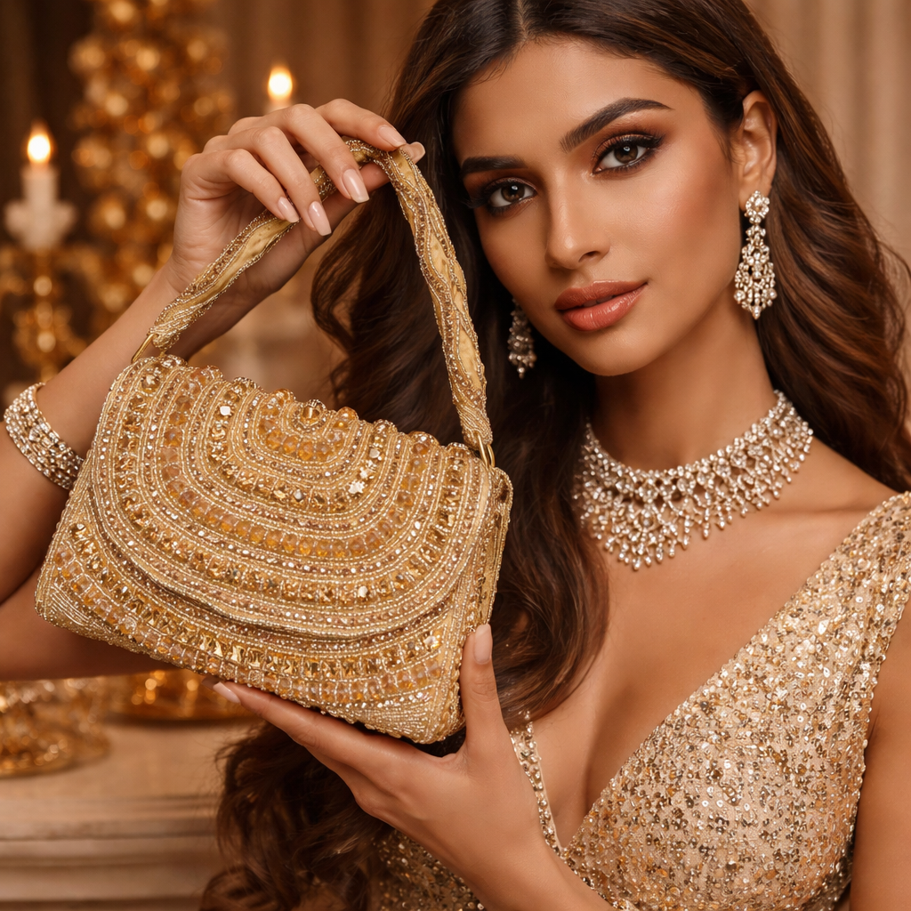 Beaded Evening Bag – Gold Crystal Clutch Purse