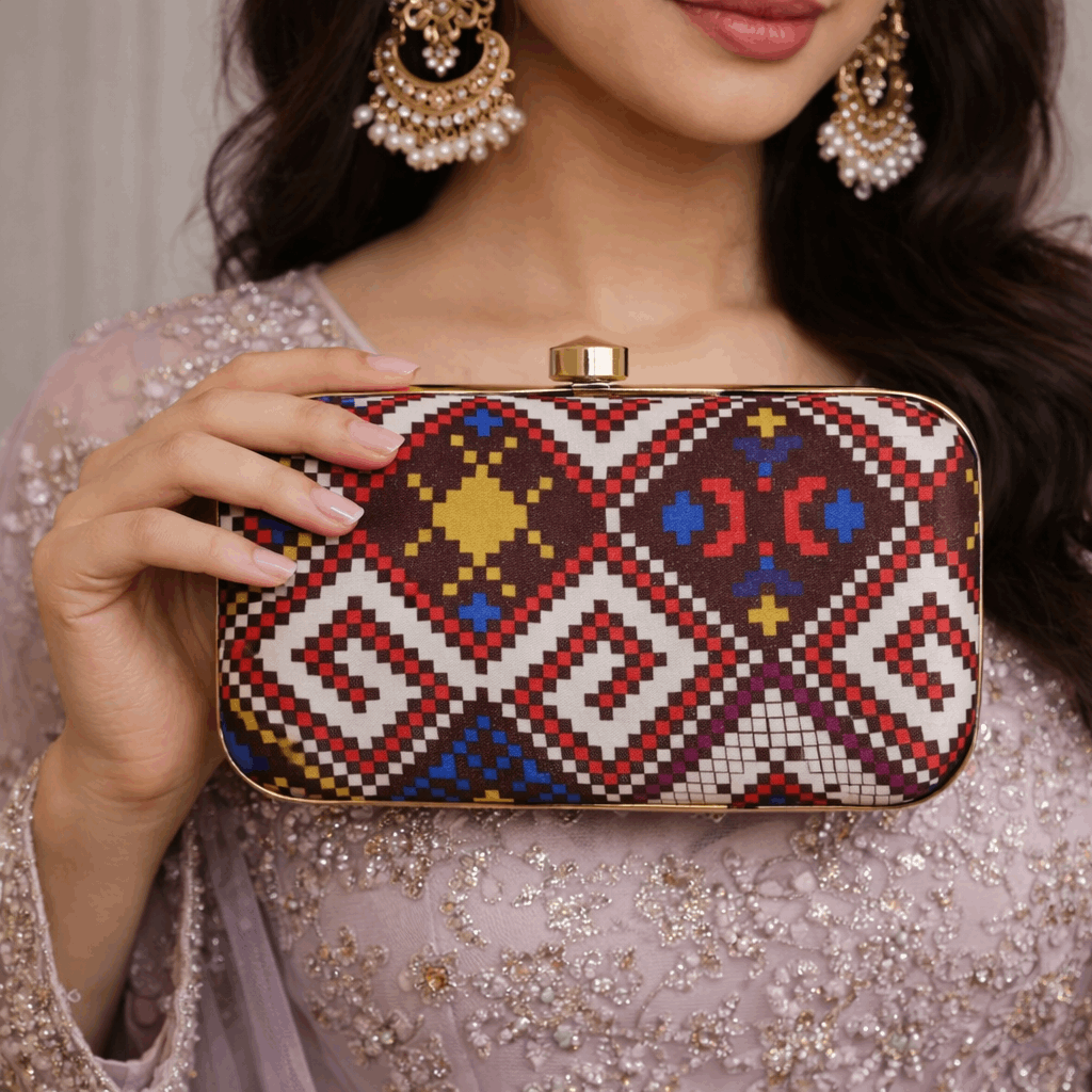 Ethnic Print Evening Clutch Bag for Women Brown