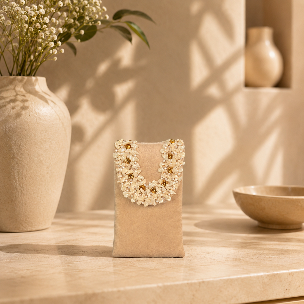 Stone Work Velvet Phone Sling Bag with Magnet Flap Closure for Women