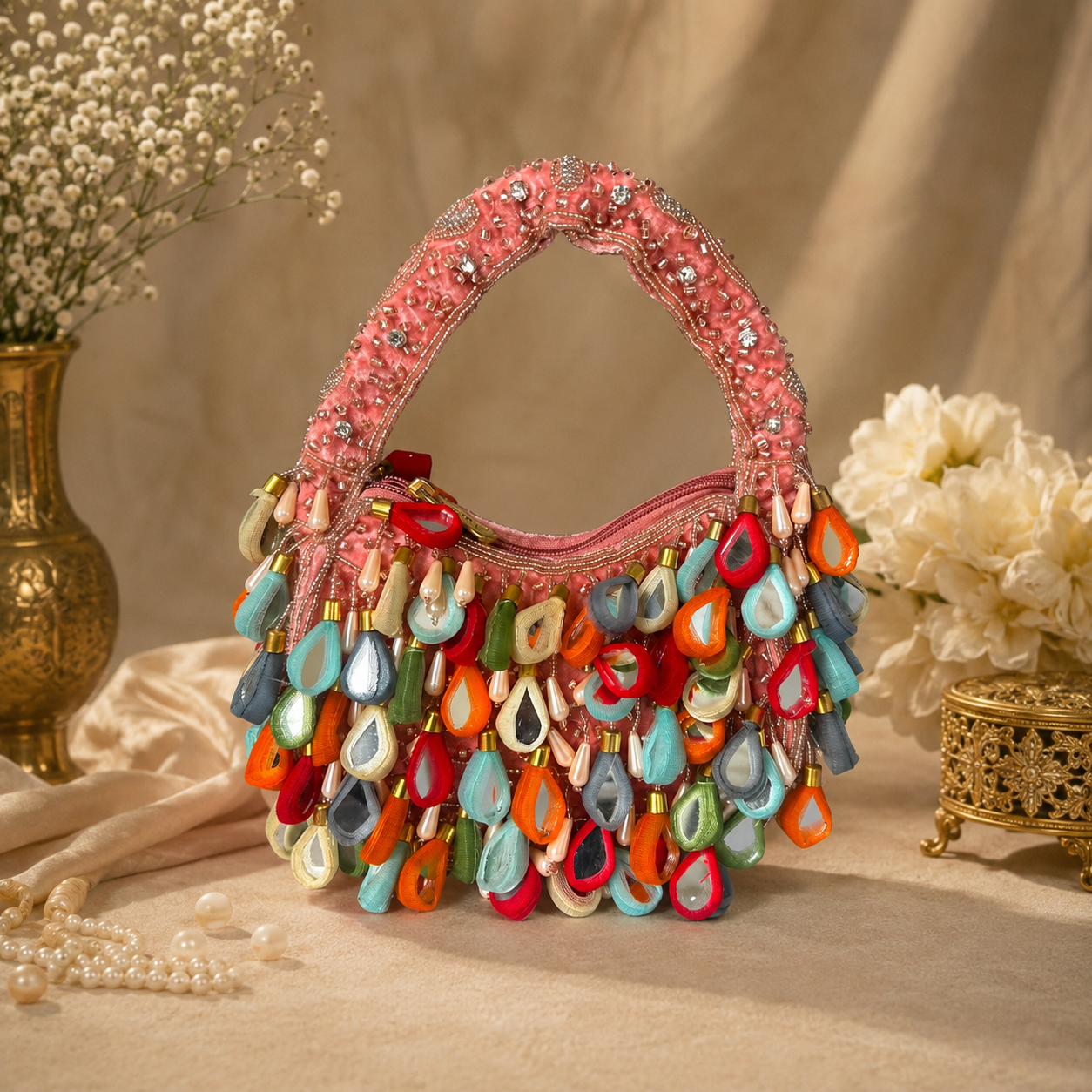 Handcrafted Velvet Mirror Work Handbag with Beaded Fringe & Zip Closure