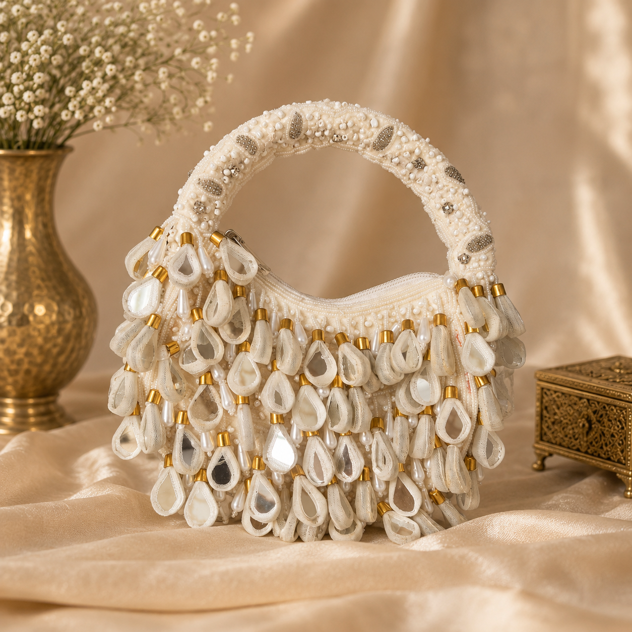 Handcrafted Velvet Mirror Work Handbag with Beaded Fringe & Zip Closure
