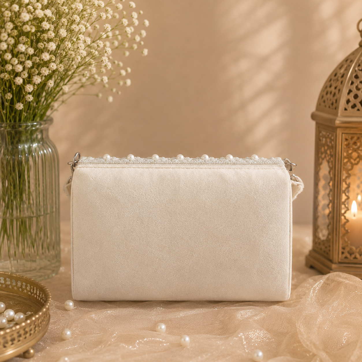Handmade Velvet Pearl Work Flap Handbag for Women, Designer Evening Party Purse, Wedding Bridal Clutch, Festive Shoulder Bag