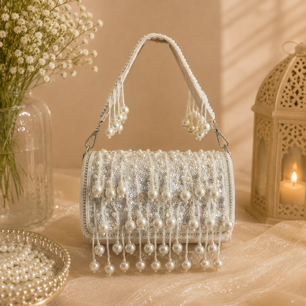 Handmade Velvet Pearl Work Flap Handbag for Women, Designer Evening Party Purse, Wedding Bridal Clutch, Festive Shoulder Bag