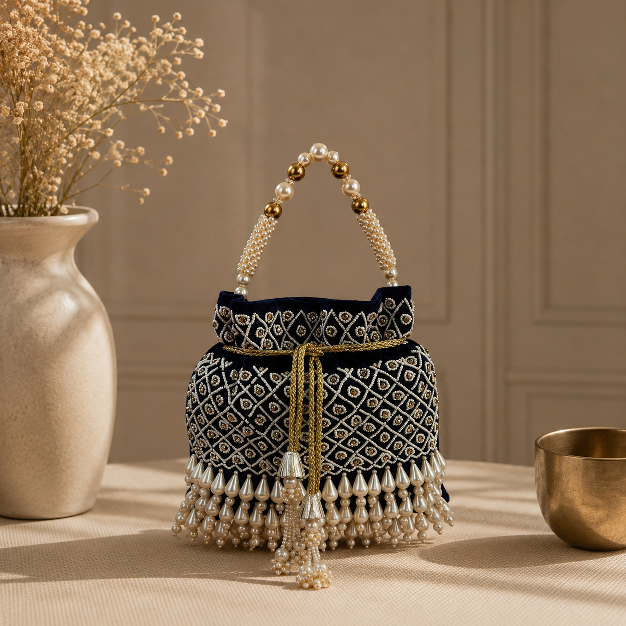 Handcrafted Velvet Pearl Work Potli Bag with Drawstring Closure for Weddings