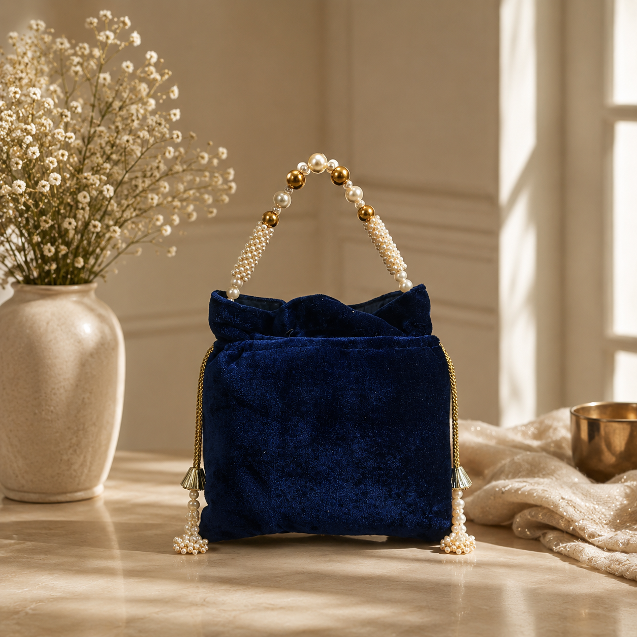 Handcrafted Velvet Pearl Work Potli Bag with Drawstring Closure for Weddings