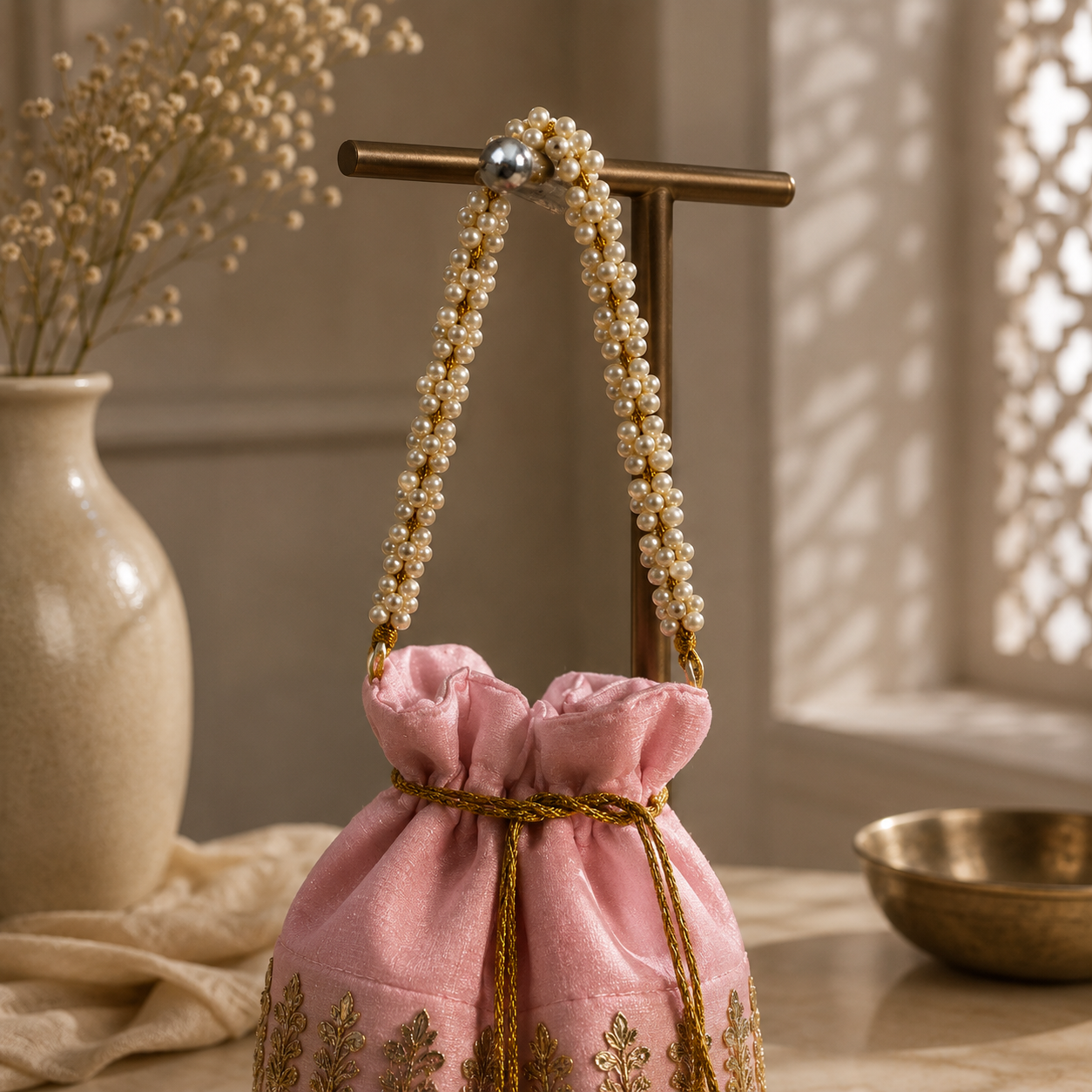 Handcrafted Raw Silk Embroidered Sequin Work Potli Bag with Drawstring Closure