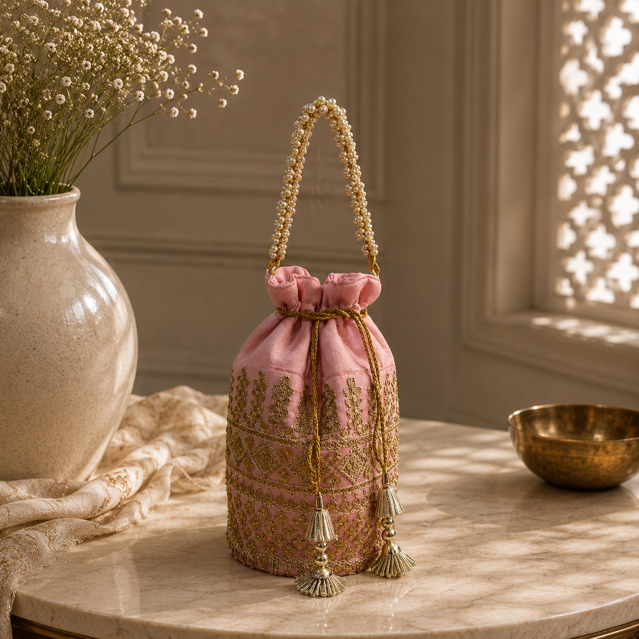 Handcrafted Raw Silk Embroidered Sequin Work Potli Bag with Drawstring Closure