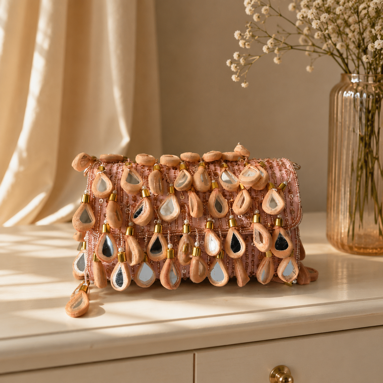 Handcrafted Mirror Work Silk Evening Clutch for Bridal & Party Wear