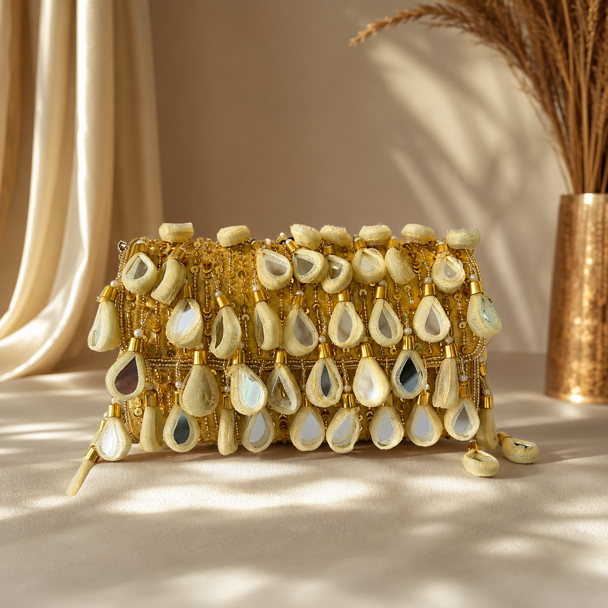 Handcrafted Mirror Work Silk Evening Clutch for Bridal & Party Wear