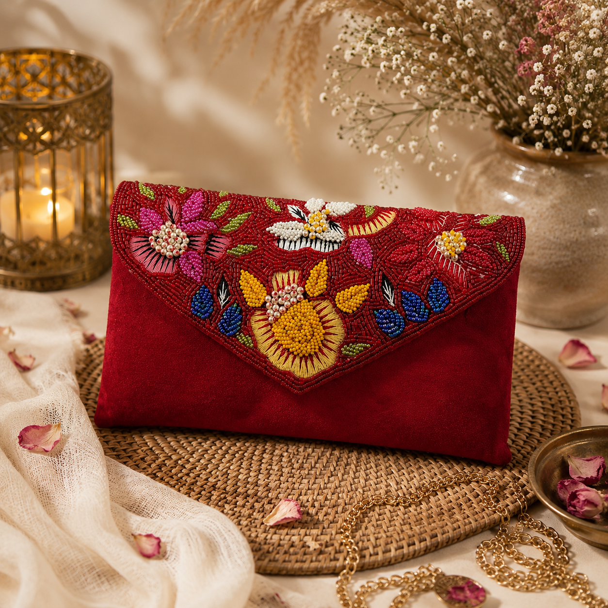 Floral Beaded Velvet Flap Handbag for Women | Handmade Embroidered Bag