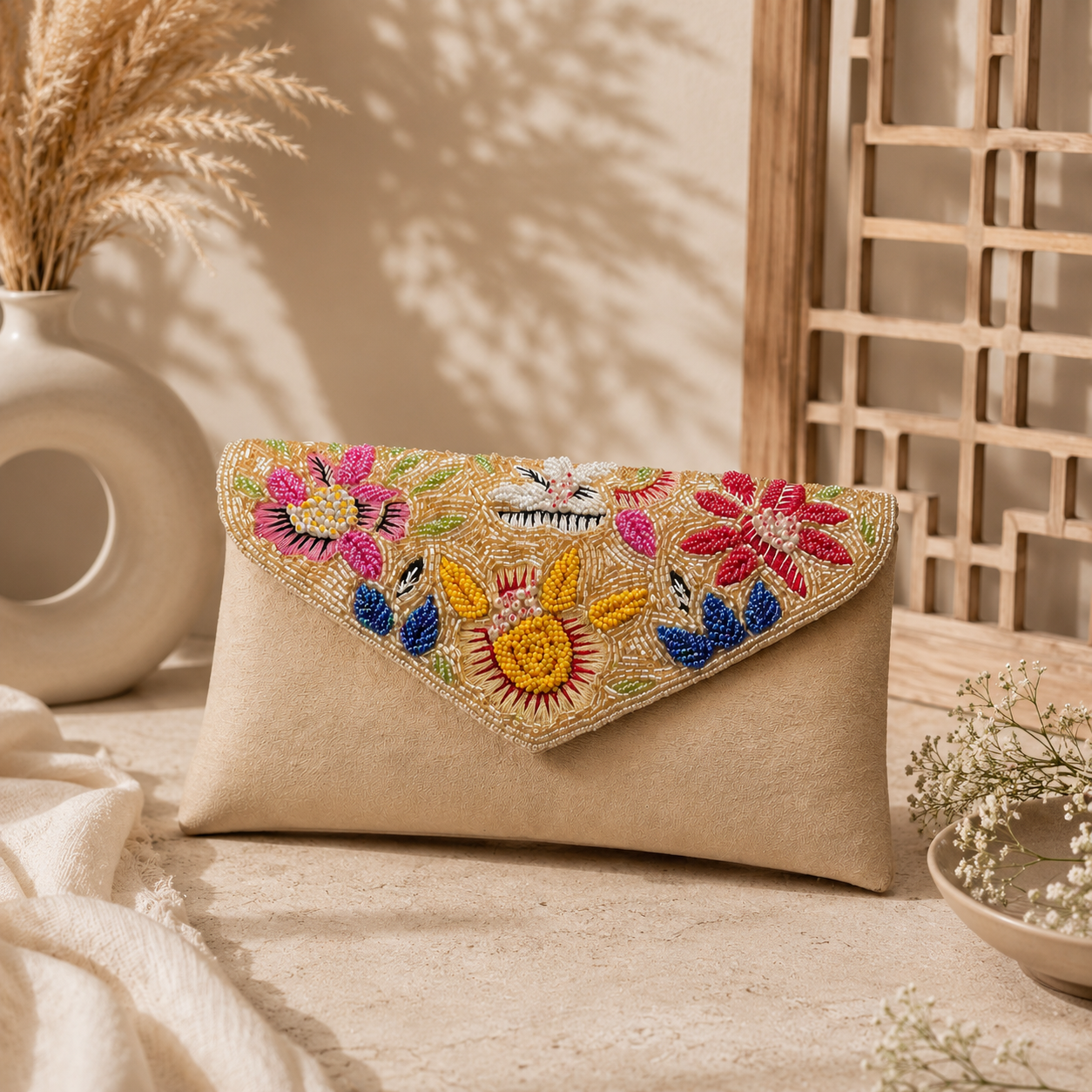 Floral Beaded Velvet Flap Handbag for Women | Handmade Embroidered Bag