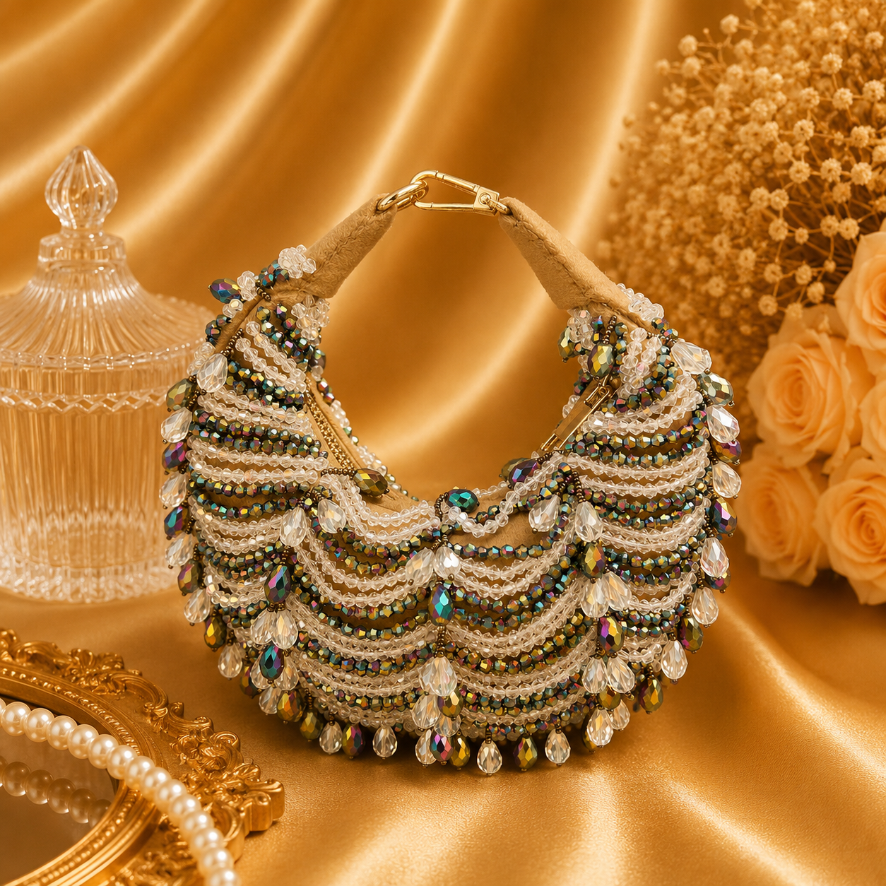 Hand Beaded Crescent Shoulder Bag for Women | Designer Party & Wedding Handbag