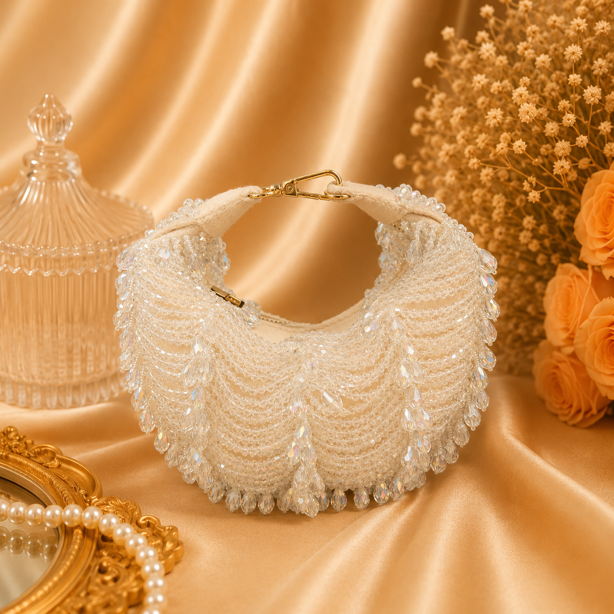 Hand Beaded Crescent Shoulder Bag for Women | Designer Party & Wedding Handbag