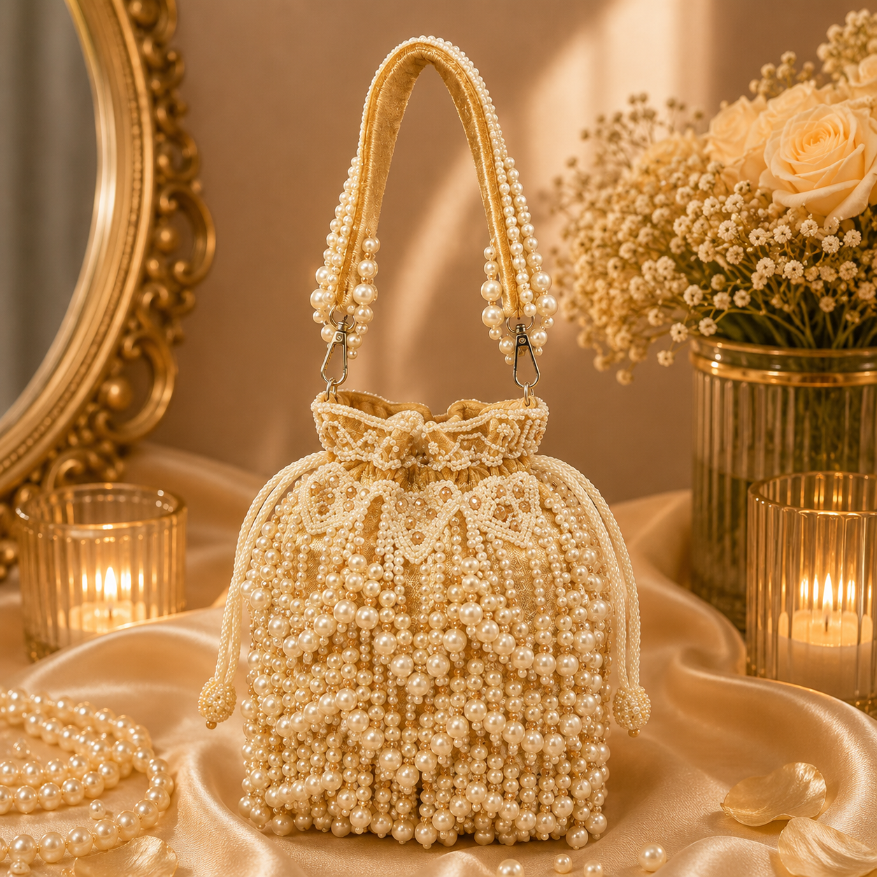 Handmade Pearl Beaded Velvet Potli Bag for Women