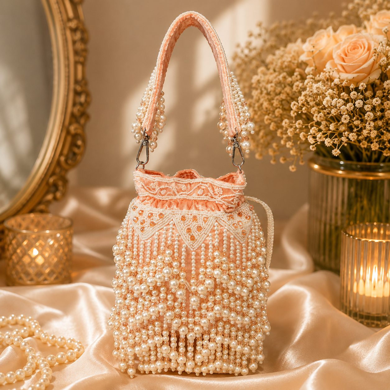 Handmade Pearl Beaded Velvet Potli Bag for Women