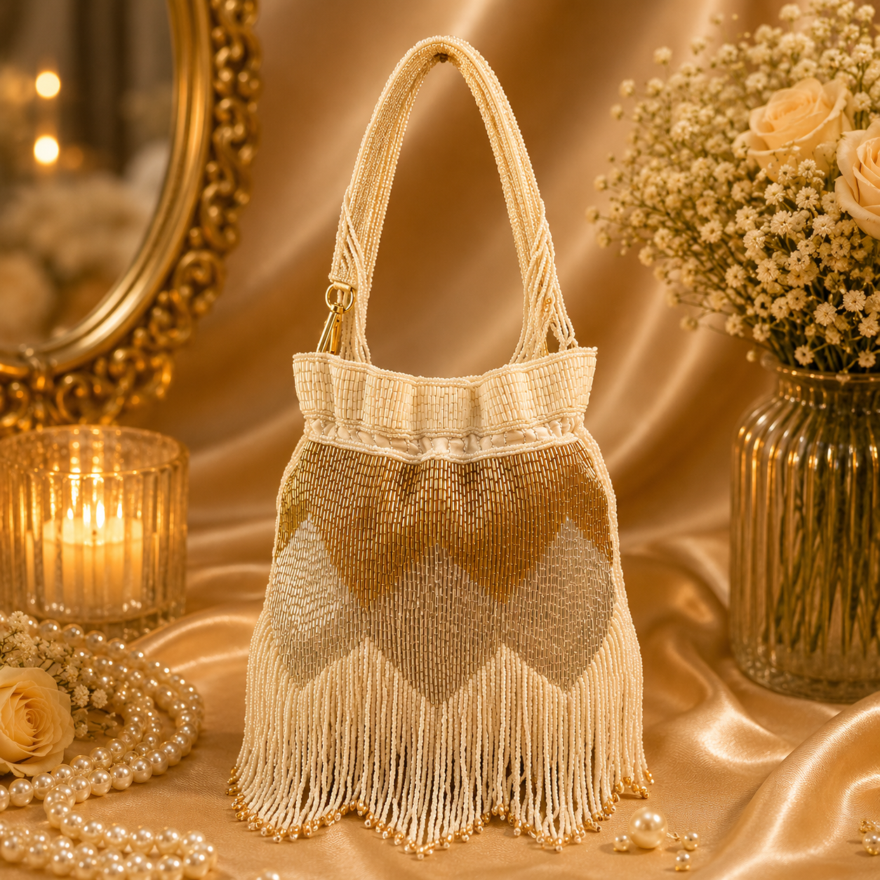 Handmade Pearl Beaded Potli Bag for Women | Fringe Tassel Party & Bridal Handbag