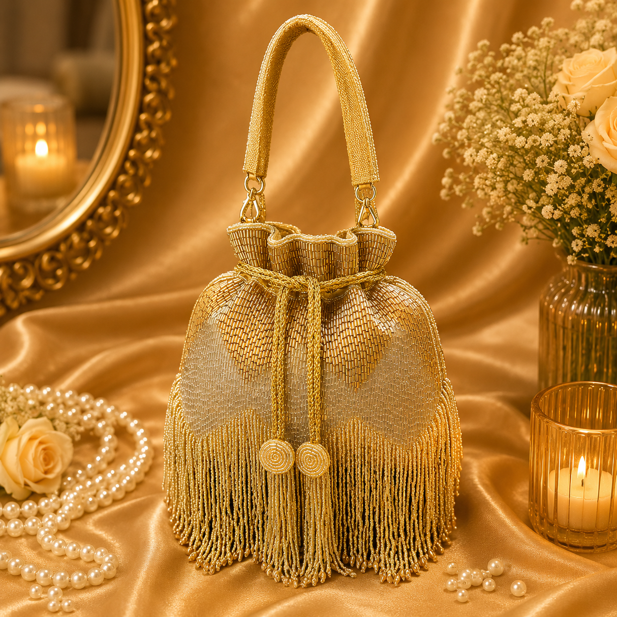 Handmade Pearl Beaded Potli Bag for Women | Fringe Tassel Party & Bridal Handbag