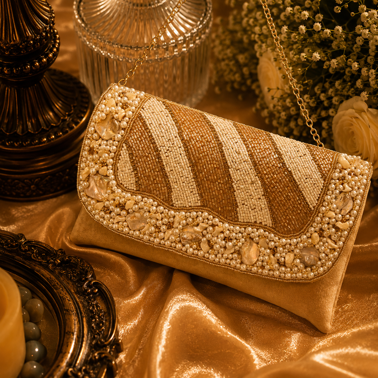 Handcrafted Pearl Beaded Flap Handbag for Women