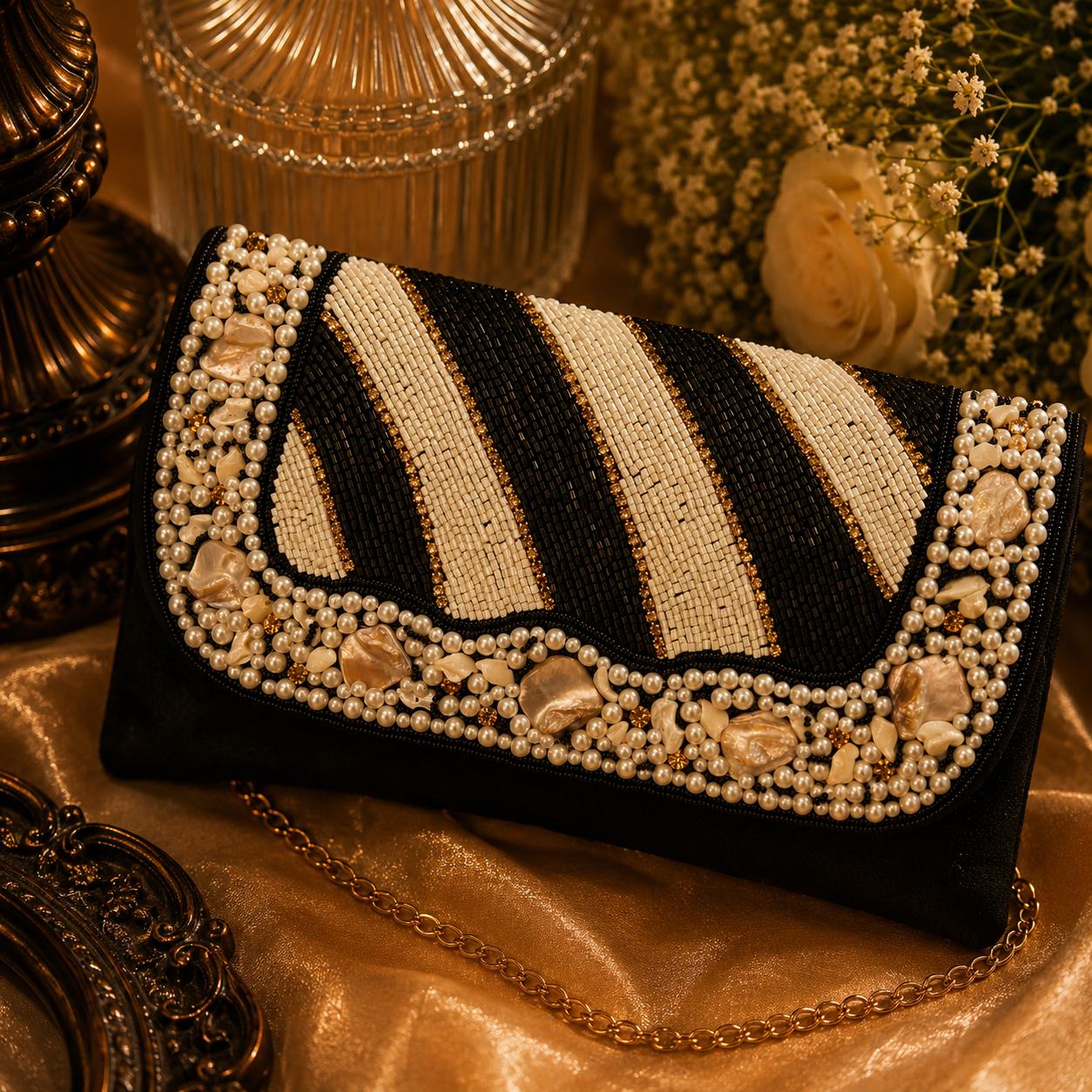 Handcrafted Pearl Beaded Flap Handbag for Women
