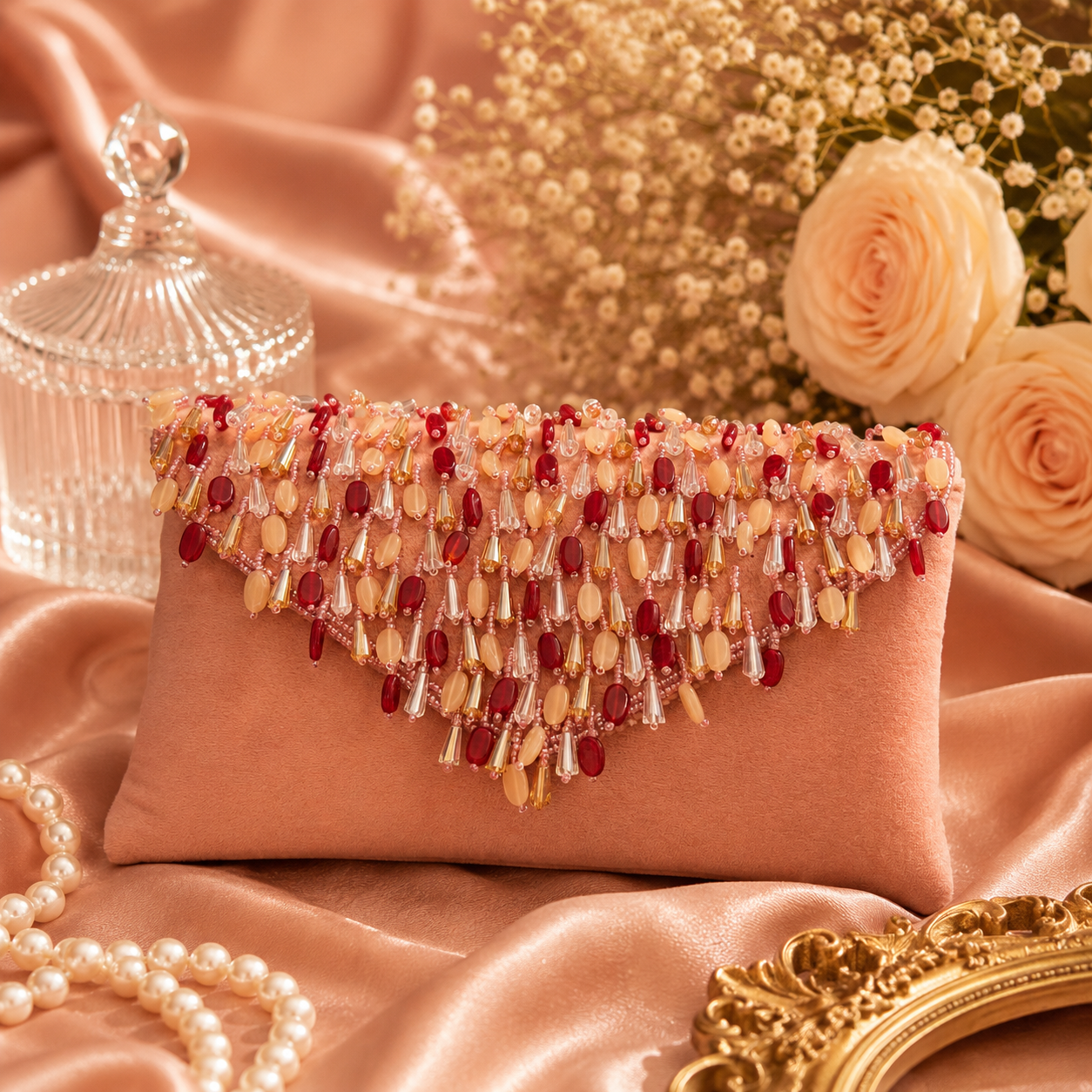 Handmade Beaded Velvet Shoulder Bag for Women | Embroidered Party Handbag