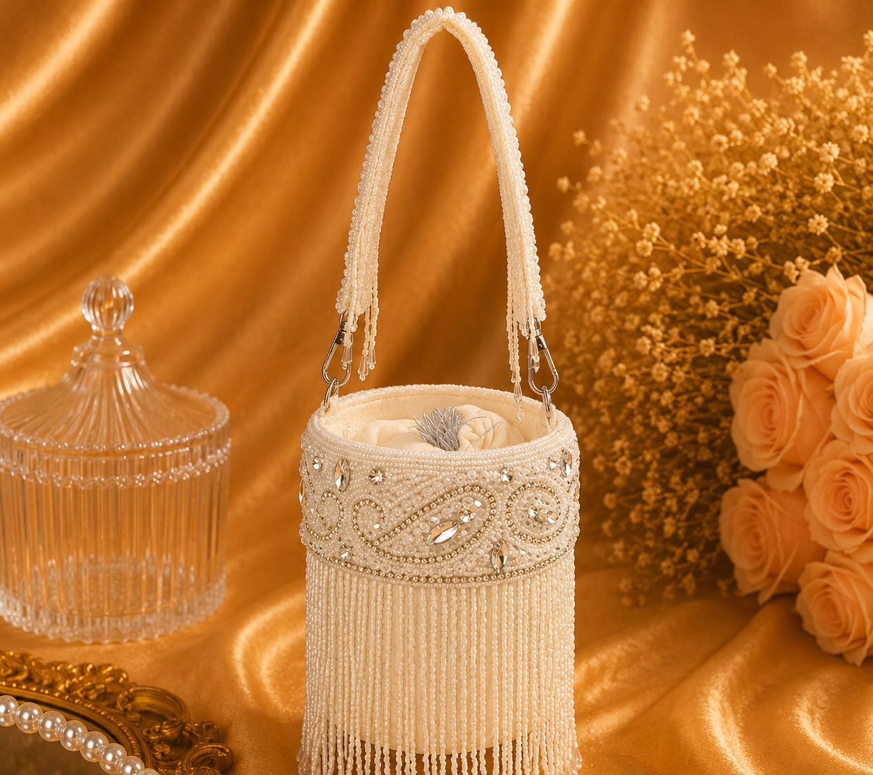 Hand Embroidered Fringe Bucket Bag for Women | Designer Party & Wedding Handbag