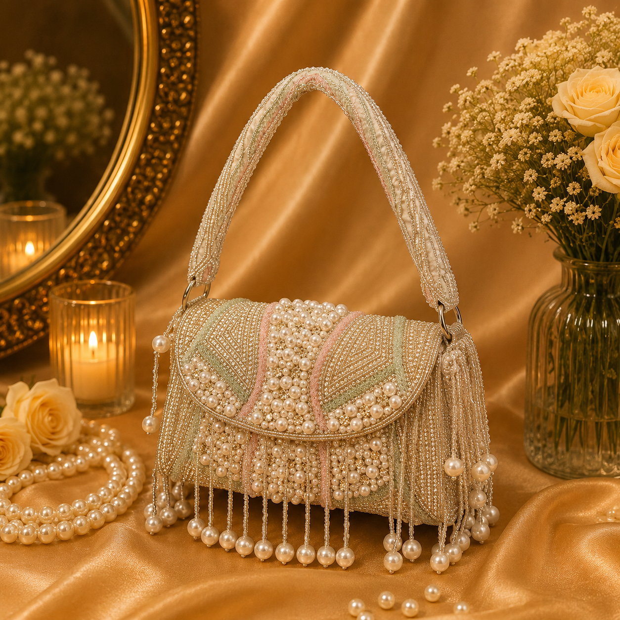 Hand Beaded Pearl Handbag for Women | Designer Party & Wedding Shoulder Bag