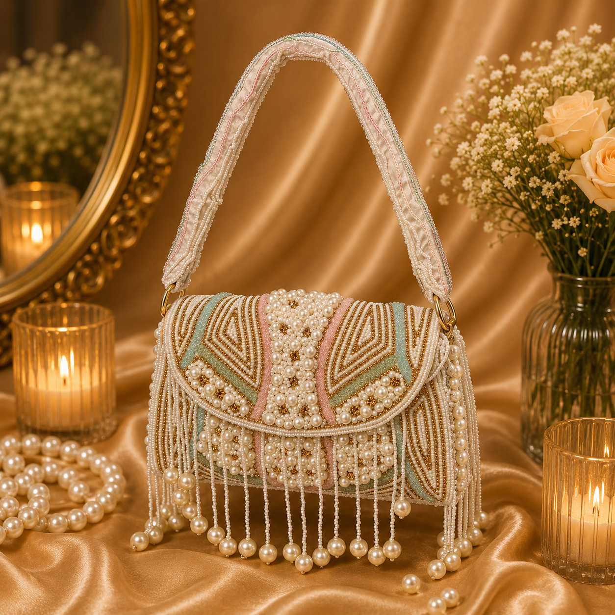 Hand Beaded Pearl Handbag for Women | Designer Party & Wedding Shoulder Bag