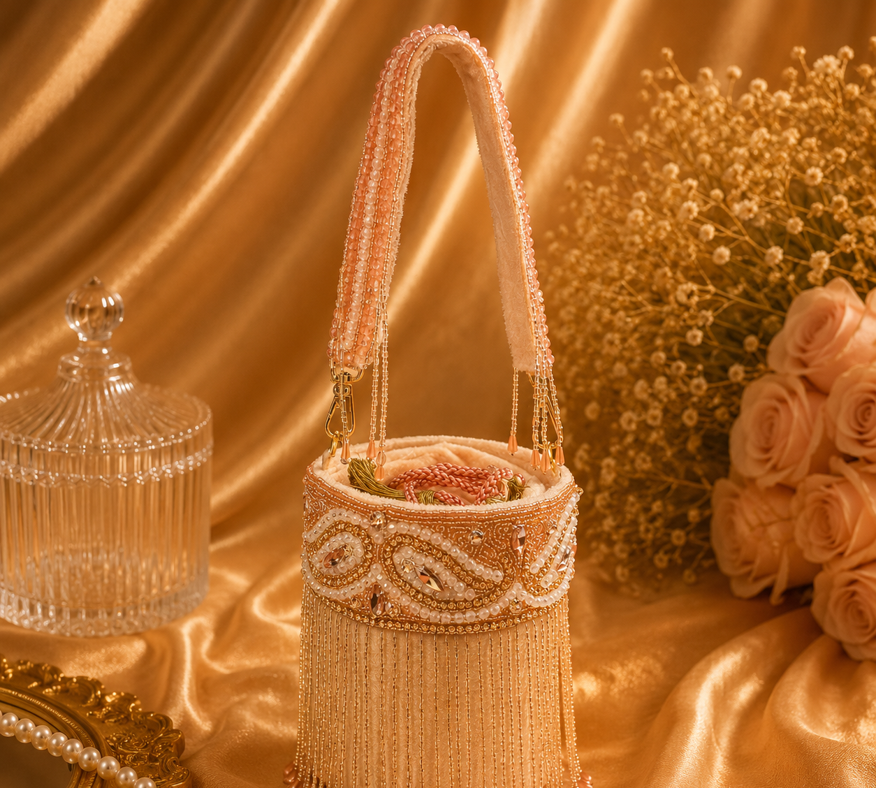 Hand Embroidered Fringe Bucket Bag for Women | Designer Party & Wedding Handbag