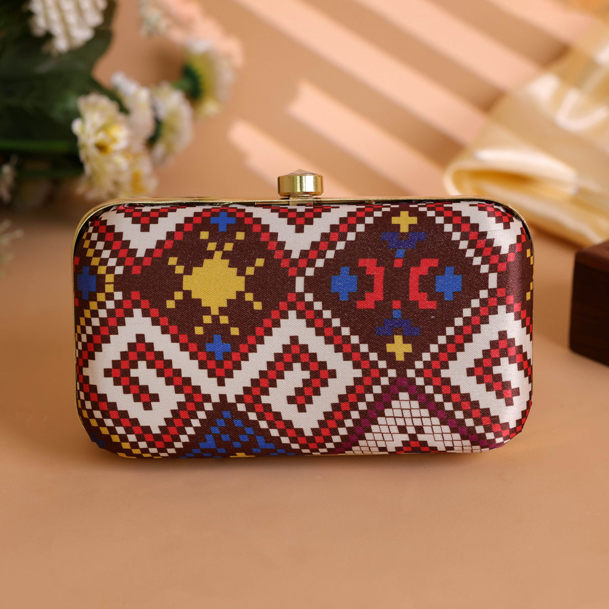 Ethnic Print Evening Clutch Bag for Women Brown