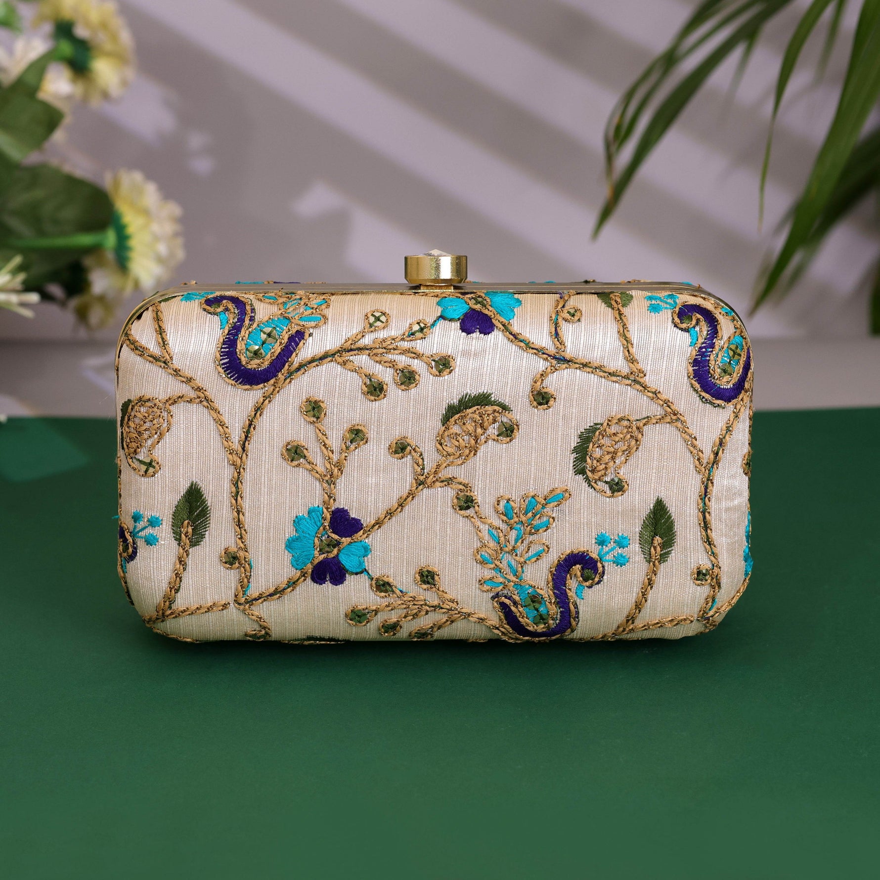 Embroidered Ethnic Evening Clutch Bag for Women Blue